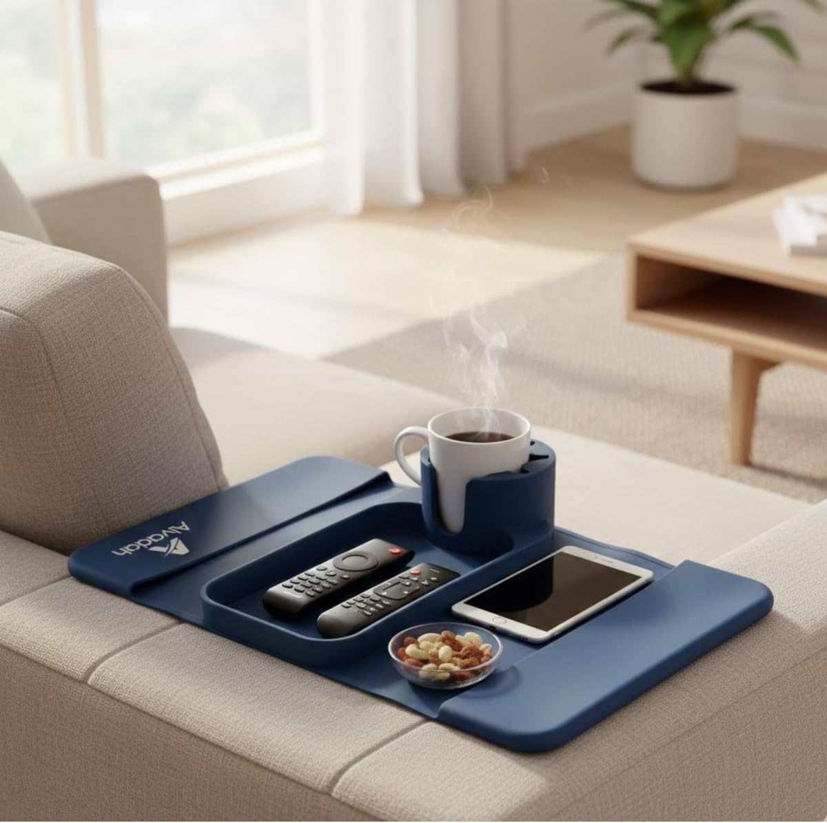 Silicone Couch Cup Holder Tray for Sofa Armrest, Non-Slip Sofa Organizer with Cup Holder, Phone Remote Tablet Storage, Couch Armrest Caddy for Drinks Snacks Living Room (Blue Navy)