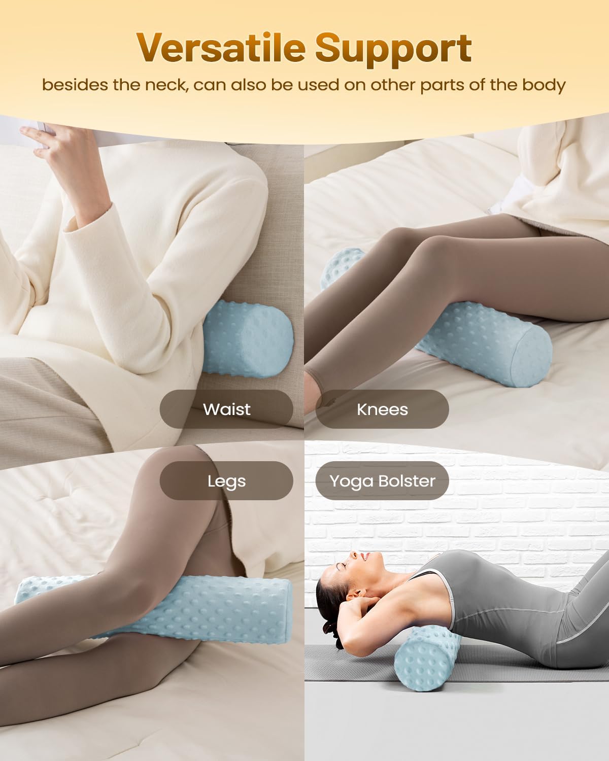Memory Foam 4" Round Pillow, Cervical Neck Pillow for Pain Relief, Cylinder Pillows 18"x 4", Removable Cover, Neck Roll Pillow for Sleeping, Velvet Dots, Grey