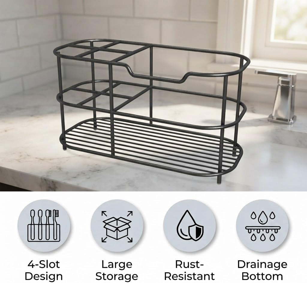 Bathway Toothbrush Holder for Bathroom, 6.9"L x 3.4"W x 4"H, Matte Black, L | Waterproof, Rust-Proof, More Durable, Multifunctional, Large-Capacity, Non-Slip, Anti-Tip, Self-Draining, Stylish Appearance