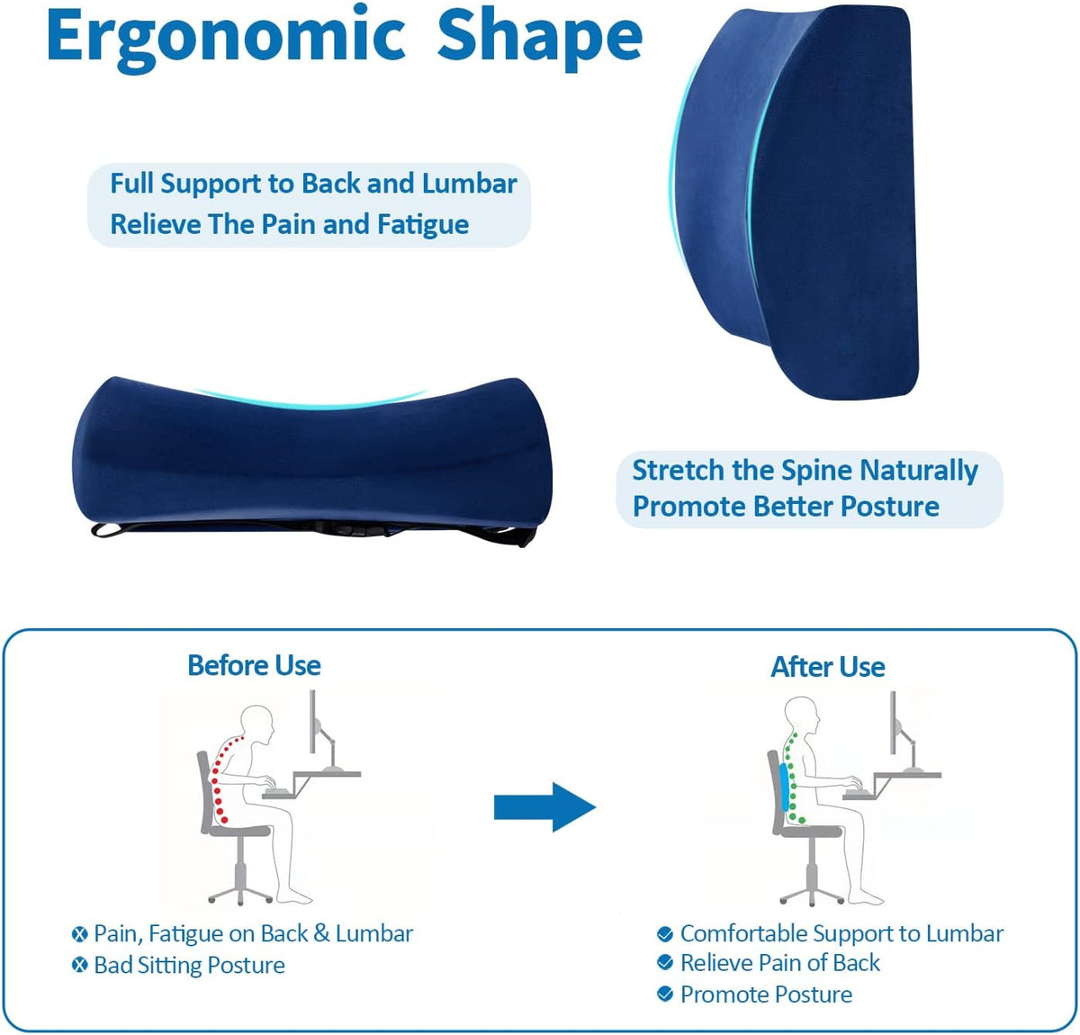 SAIREIDER Seat Cushion and Lumbar Support Pillow for Office Chair, Memory Foam Car Seat Cushions Back Support Pillows, Help Relieve Pain of Back, Lumbar, Tailbone and Sciatic Nerve（Black）