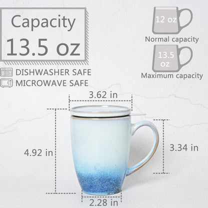 Bosmarlin Ceramic Tea Cup with Infuser and Lid, 13.5 Oz, Loose Leaf Tea Steeper Mug with Strainer, Microwave and Dishwasher Safe, Reactive Glaze (13.5 Oz, Pale Green)