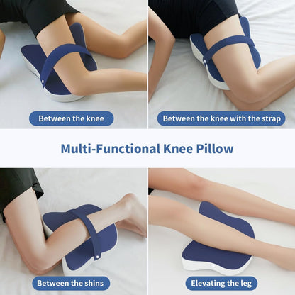 Knee Pillow for Side Sleepers - Removable Adjustable Strap Between Leg Pillow for Side Sleeping - Cooling Cover Memory Foam Knee Pillow for Hip Pain, Spine Alignment, Navy Blue