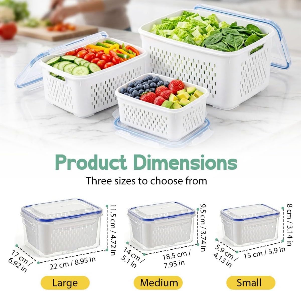 4 in 1 Food Storage Container-2/3 Pack Set with Lids, Fruit Storage Containers for Fridge with Removable Colander,Stackable Fridge Transparent Plastic Storages Box, Dishwasher Safe (Gray, S+M+L)