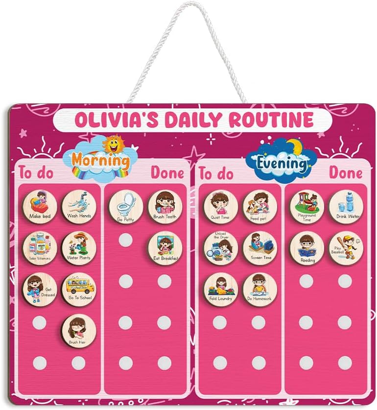 Daily Routine Chart for Kids, Visual Schedule, Routine Chart for Toddlers 3-5, Morning Bedtime Routine Chart for Toddlers, Wooden Chore Chart for Kids