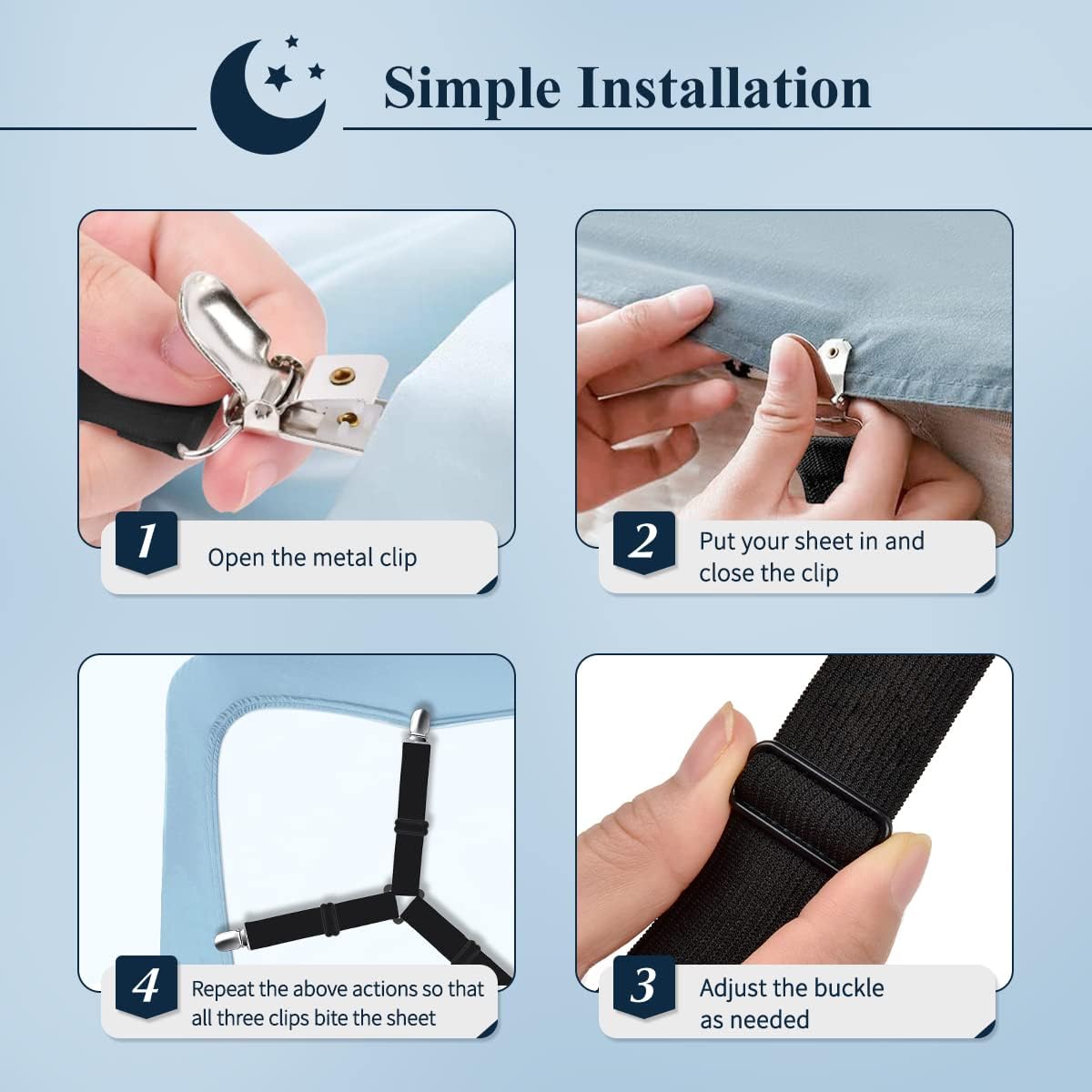 Sopito Sheet Straps, Adjustable Bed Sheet Suspenders Max Stretch from 29.5 in to 82.7 in Compatible for Crib to King Size Bed, Non Slip Holder Fasteners Clips, 2pcs/Black