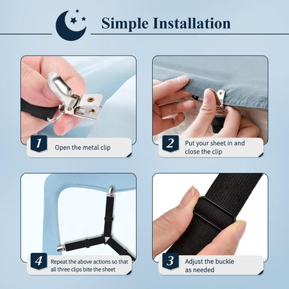Sopito Sheet Straps, Adjustable Bed Sheet Suspenders Max Stretch from 29.5 in to 82.7 in Compatible for Crib to King Size Bed, Non Slip Holder Fasteners Clips, 2pcs/Black