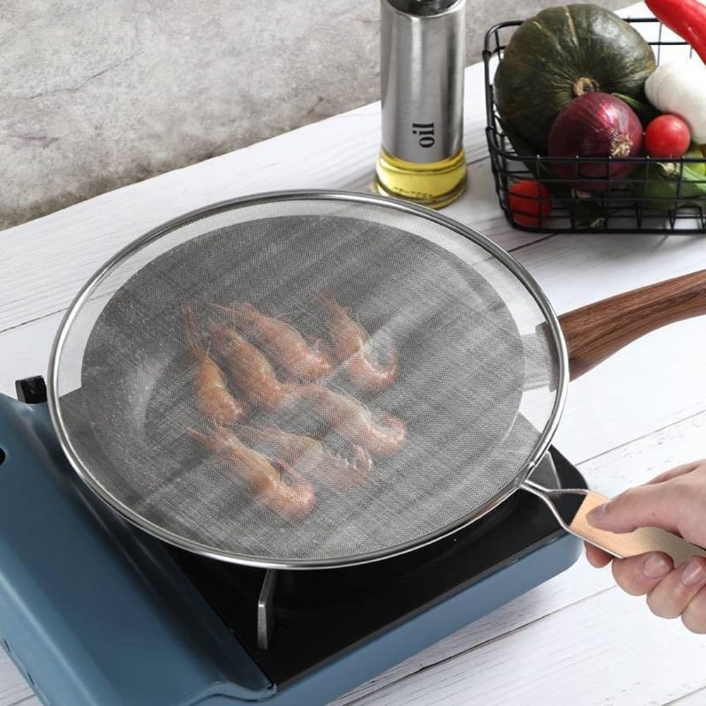 Stainless Steel Oil Splatter Screen with Fine Mesh and Wooden Handle for Frying Pans, Skillets and Pots, Easy to Clean Grease Guard, 8/10/11/13 Inch Sizes(25cm)