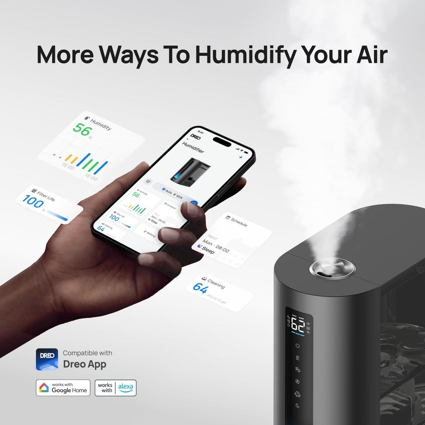 DREO 6L Smart Humidifiers for Bedroom, Warm & Cool Mist for Large Room | 60-Hour Quiet Runtime, 500ML/H Output, Smart Humidity Sensor, Indicator Light, App Control, Works with Alexa & Google, Silver