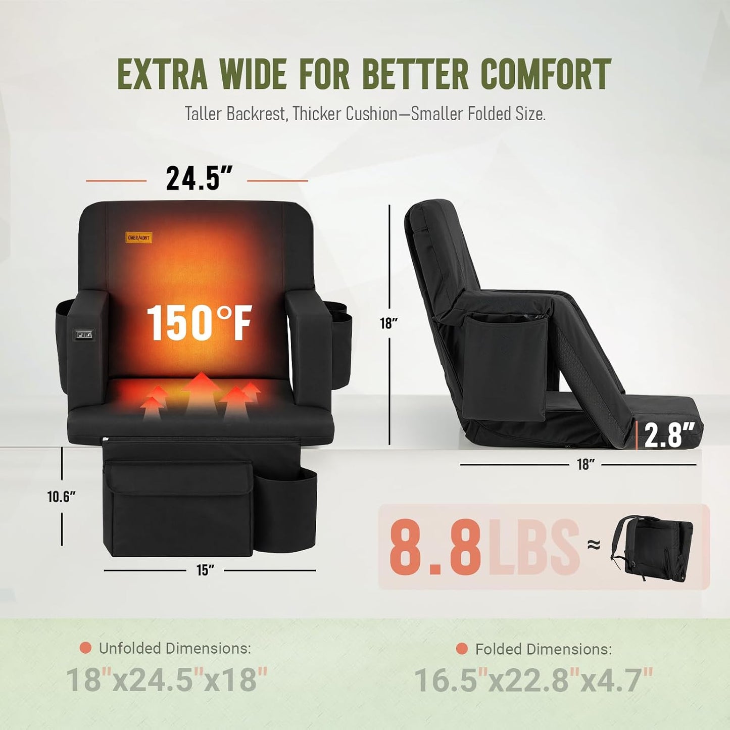 Overmont Heated Wide Stadium Seats 2 Pack, Dual-Zone Heat | 3 Heat Levels with Independent Control, 6 Recline Positions, Soft Cushion, Hooks and Pockets for Sport Camping Concerts