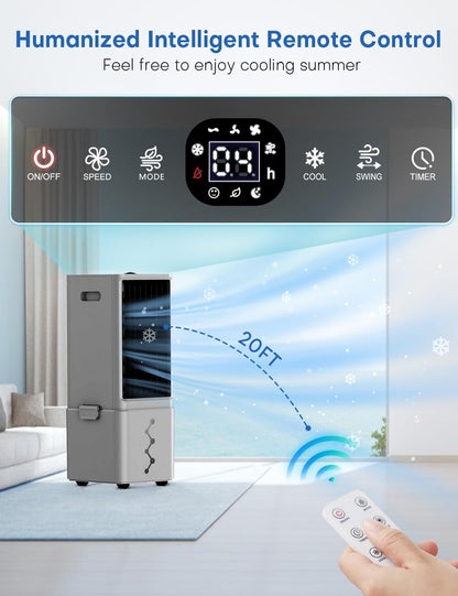 Portable Air Conditioners 4 Modes&3 Speeds,4 Ice Packs, Waterless Alert System, 12H Timer, Remote,1 Gal Detachable Water Tank, 70°Oscillation Windowless Evaporative Air Cooler for Room Office