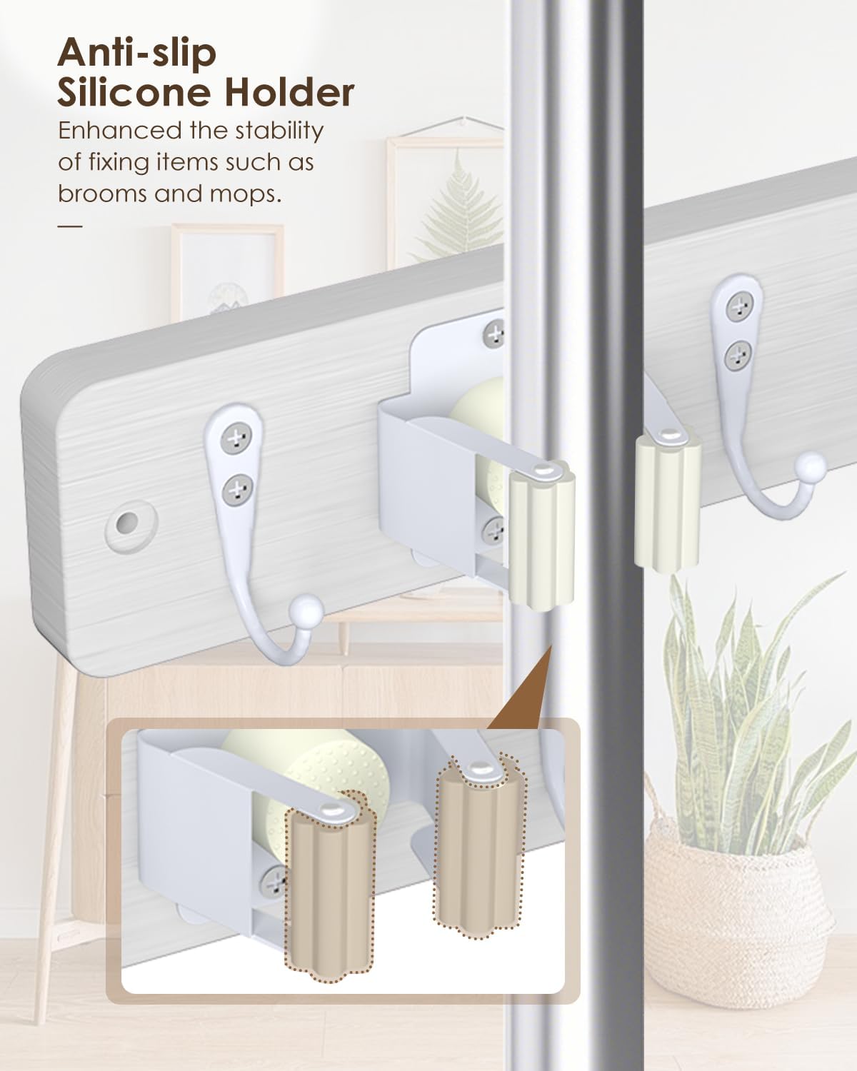 Broom Holder Wall Mount, 4 Holders 4 Hooks Mop and Broom Organizer | Mop Holder Wall Mount and Broom Hanger for Garage, Laundry Room, Kitchen and Utility Storage