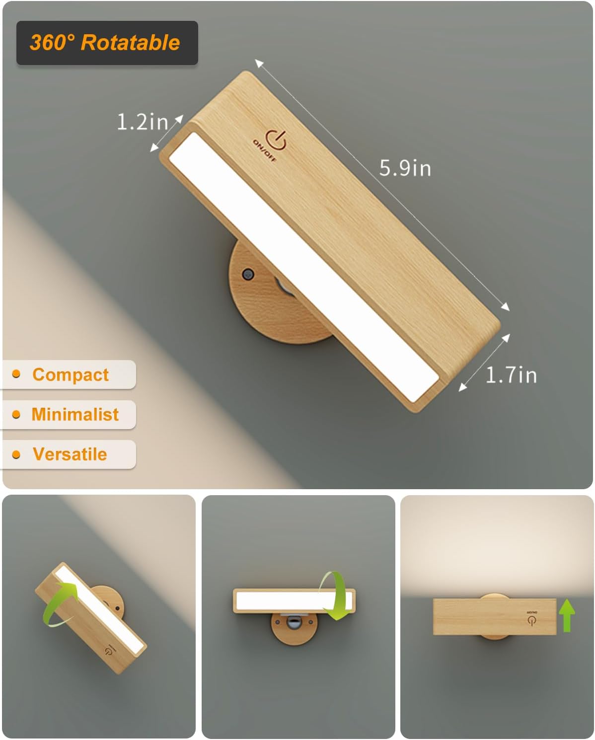 DetarZinLED Wall Lights Battery Operated Wooden,Magnetic Wall Sconces Rechargeable,Adhesive Wall Lights for Bedroom,Dimmable Wall Mounted Bedside Lamp,Cordless Battery Wall Sconce for Bedroom Reading