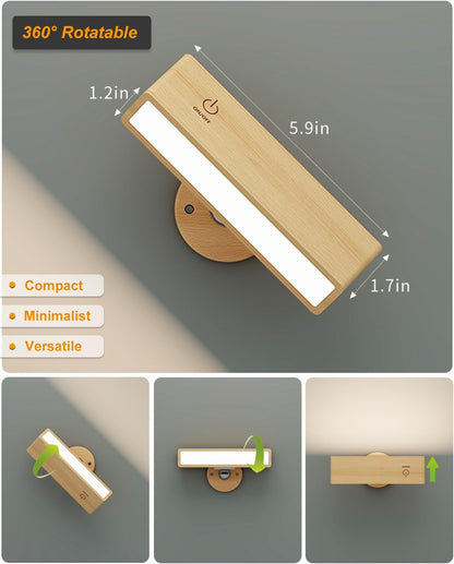 DetarZinLED Wall Lights Battery Operated Wooden,Magnetic Wall Sconces Rechargeable,Adhesive Wall Lights for Bedroom,Dimmable Wall Mounted Bedside Lamp,Cordless Battery Wall Sconce for Bedroom Reading