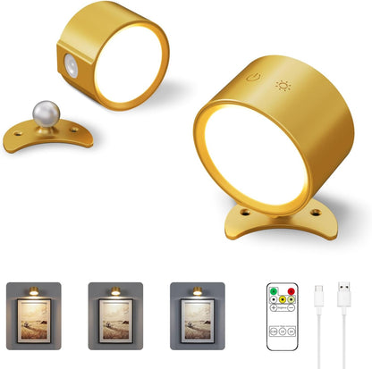 LANMEL LED Wall Mounted Lights,360° Rotating Rechargeable Wall Sconce Lamp | Gold,3CCT,Dimmable,with Remote & Touch Control,USB Wireless Wall Lamp, Suitable for Study,Bedroom,and Bedside Reading