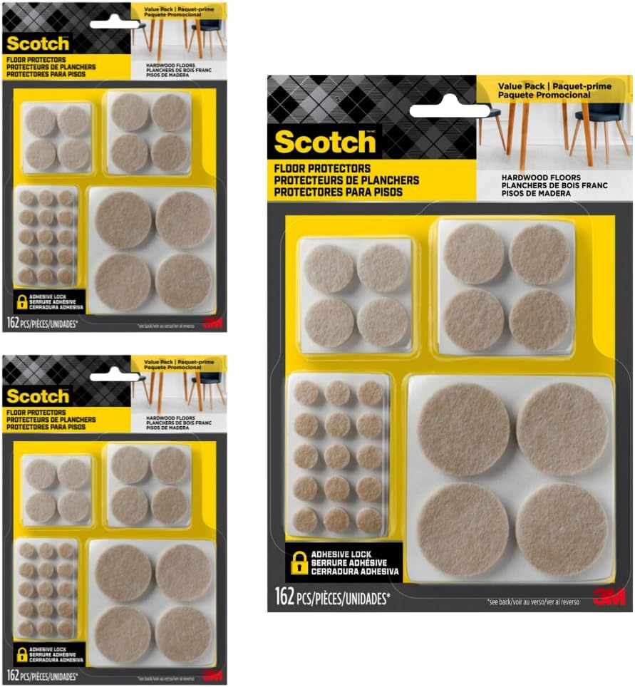 Scotch Felt Pads 162 PCS Beige, Felt Furniture Pads for Protecting Hardwood Floors, Round, Assorted Sizes Value Pack, Self-Stick design, Protecting from nicks, dents and scratches (SP845-NA)