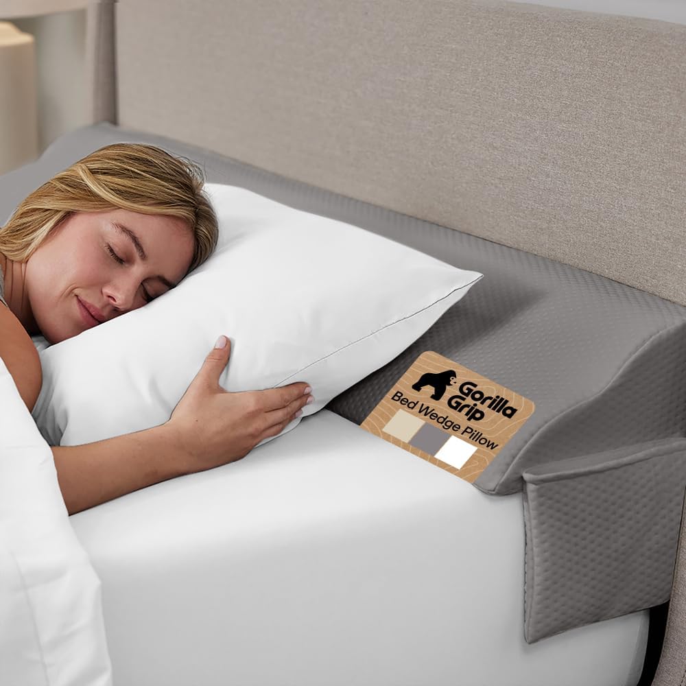 GORILLA GRIP Patented Bed Wedge Pillow for Headboard Gap, Filler Between Mattress Gaps, Comfortable Supportive High Density Cushioned Foam Pillows, Stay in Place Gripping Dots, King Soft Gray