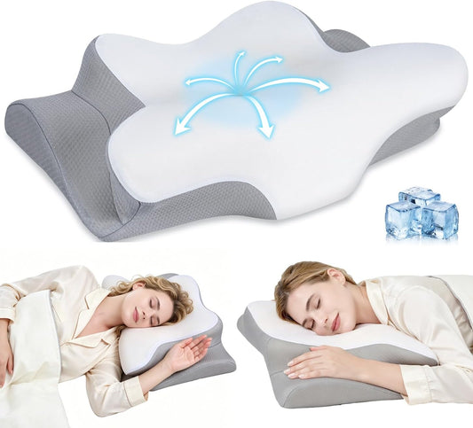 Cervical Neck Pillow, Memory Foam Pillows for Neck and Shoulder Pain Relief, 2 Heights Ergonomic Pillow with Breathable Ice Silk Cover, Neck Support Pillow for Side Sleepers White