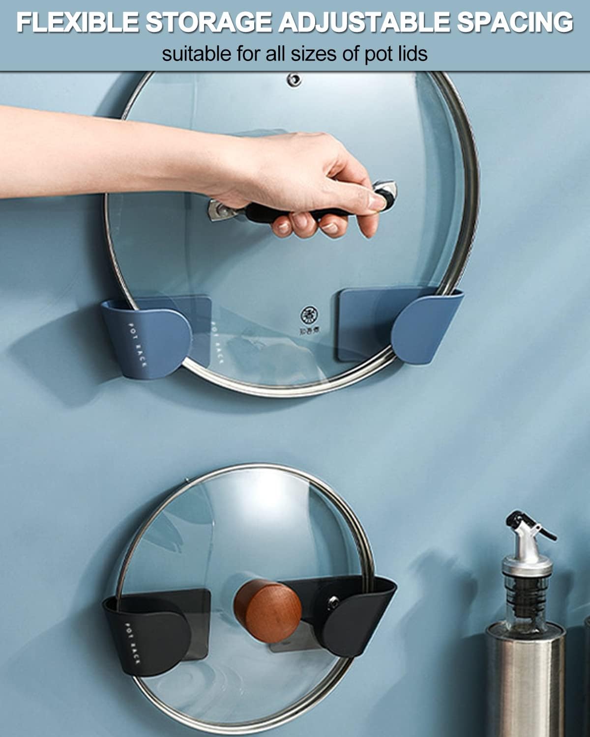 Pot Lid Organizer, 6 Pairs Adjustable Wall Mount & Cabinet Door Holders | Space-Saving Pot & Pan Lid Hangers for Kitchen Wall & Cabinet Storage, Heavy-Duty Self-Adhesive Racks Rack Accessories