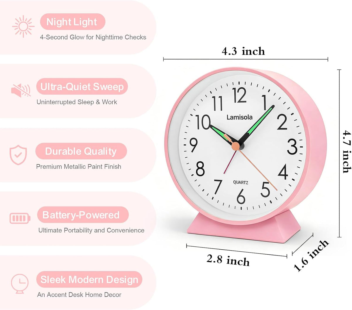 4.5 Inch Small Desk Clock Battery Analog Alarm Clock for Bedroom, Black