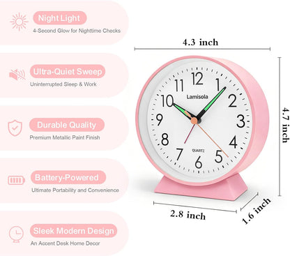 4.5 Inch Small Desk Clock Battery Analog Alarm Clock for Bedroom, Black