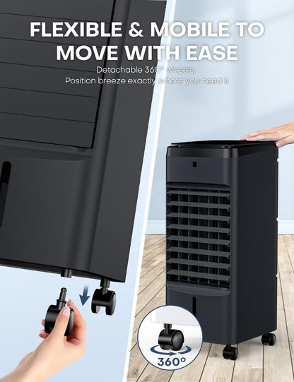 Portable Air Conditioners 4 Modes&3 Speeds,4 Ice Packs, Waterless Alert System, 12H Timer, Remote,1 Gal Detachable Water Tank, 70°Oscillation Windowless Evaporative Air Cooler for Room Office