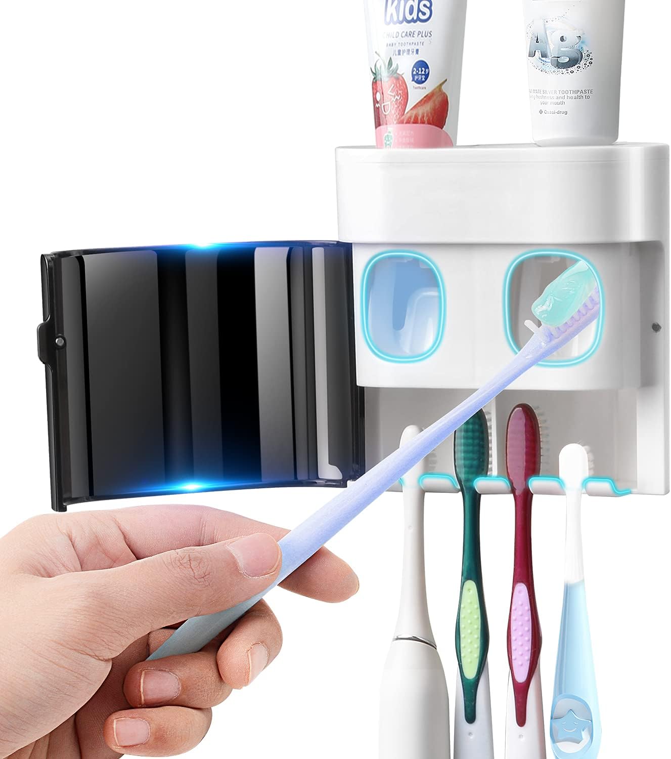GFWARE Toothbrush Holder Toothpaste Dispenser Wall Mounted with Cover, 4 Slots Tooth Brush Storage Organizer with Automatic Kids Toothpaste Squeezers for Shower Bathroom Black | Automatic Toothpaste dispenser for Kids, Bathroom Storage Organizer with