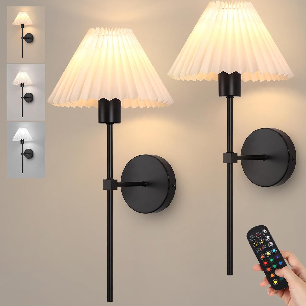 Rechargeable Battery Operated Wall Sconce Sets of 2, 15 Colors Wireless gooseneck Black Wall Lights Fixture with Dimmable Bulbs and Remote, Not Hardwired Wall Mounted Lamps for Bedroom Living Room