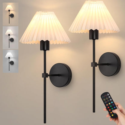 Rechargeable Battery Operated Wall Sconce Sets of 2, 15 Colors Wireless gooseneck Black Wall Lights Fixture with Dimmable Bulbs and Remote, Not Hardwired Wall Mounted Lamps for Bedroom Living Room