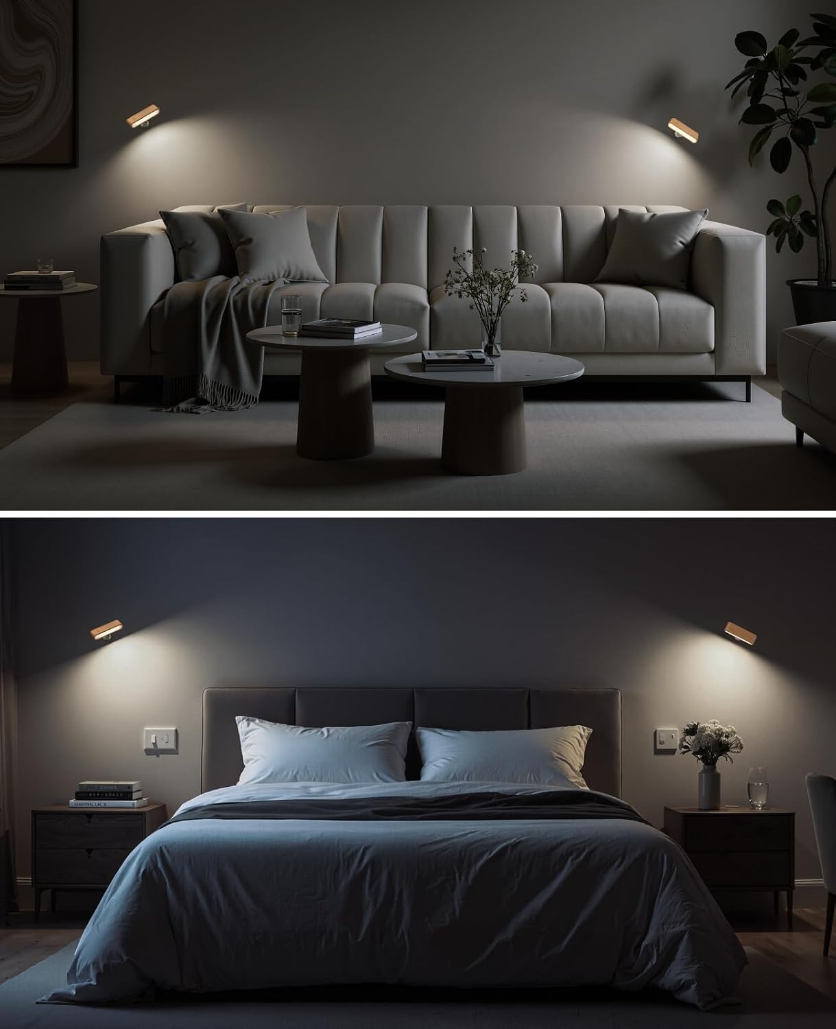 Rechargeable Wall Sconce, Reading Light for Bed, Magnetic Wood Lamp | Set of 2, Black Walnut, Touch Control, Adjustable Brightness, 4000K Nautral Light for Reading, Headboard Light, 360° Rotation