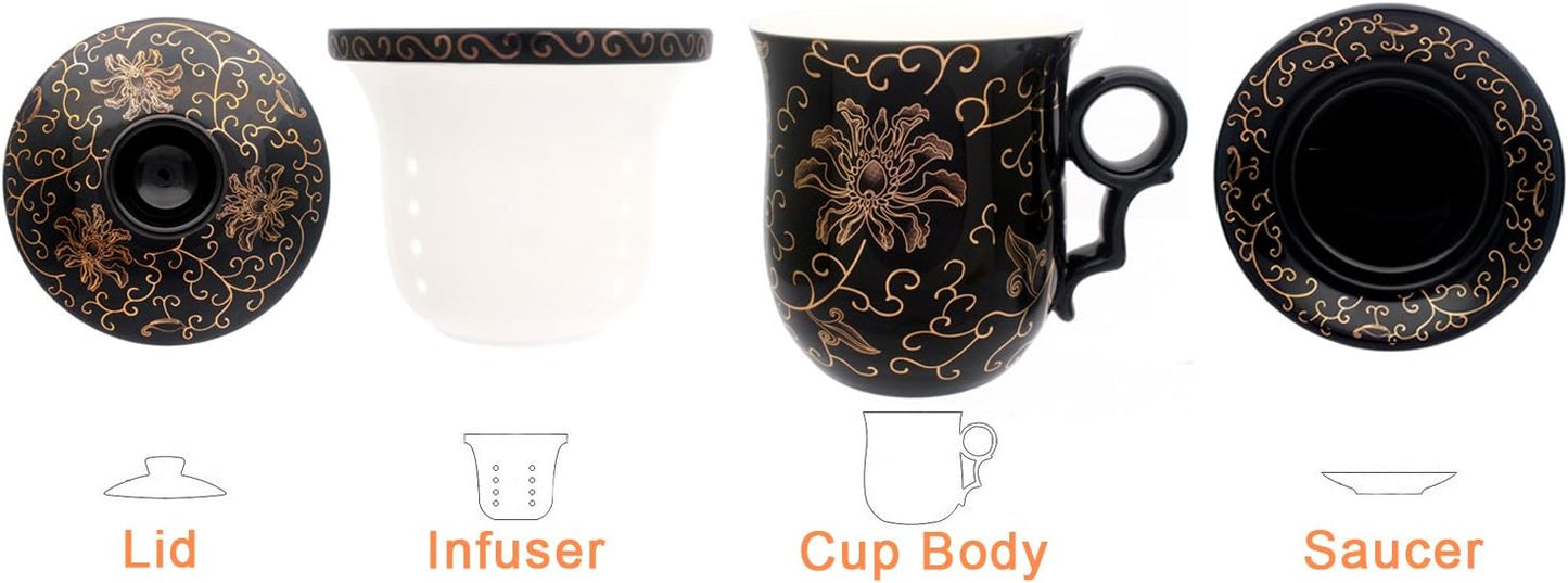 Porcelain Tea Cup with Infuser Lid and Saucer Sets - Chinese Jingdezhen Ceramics Coffee Mug Teacup Loose Leaf Tea Brewing System for Home Office