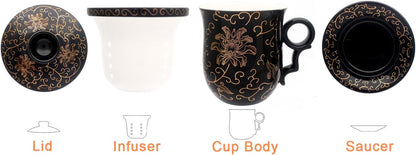 Porcelain Tea Cup with Infuser Lid and Saucer Sets - Chinese Jingdezhen Ceramics Coffee Mug Teacup Loose Leaf Tea Brewing System for Home Office