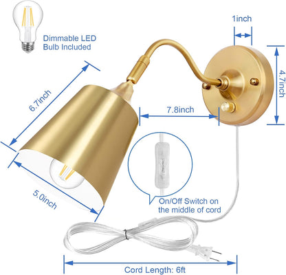 TRLIFE Wall Sconces Plug in, Dimmable Wall Lights with Plug in Cord Adjustable Lighting Angle Wall Mounted Light with On/Off Rotary Switch for Bedside, Bedroom, Over Mirror(2 Pack, 2 Bulbs Included)