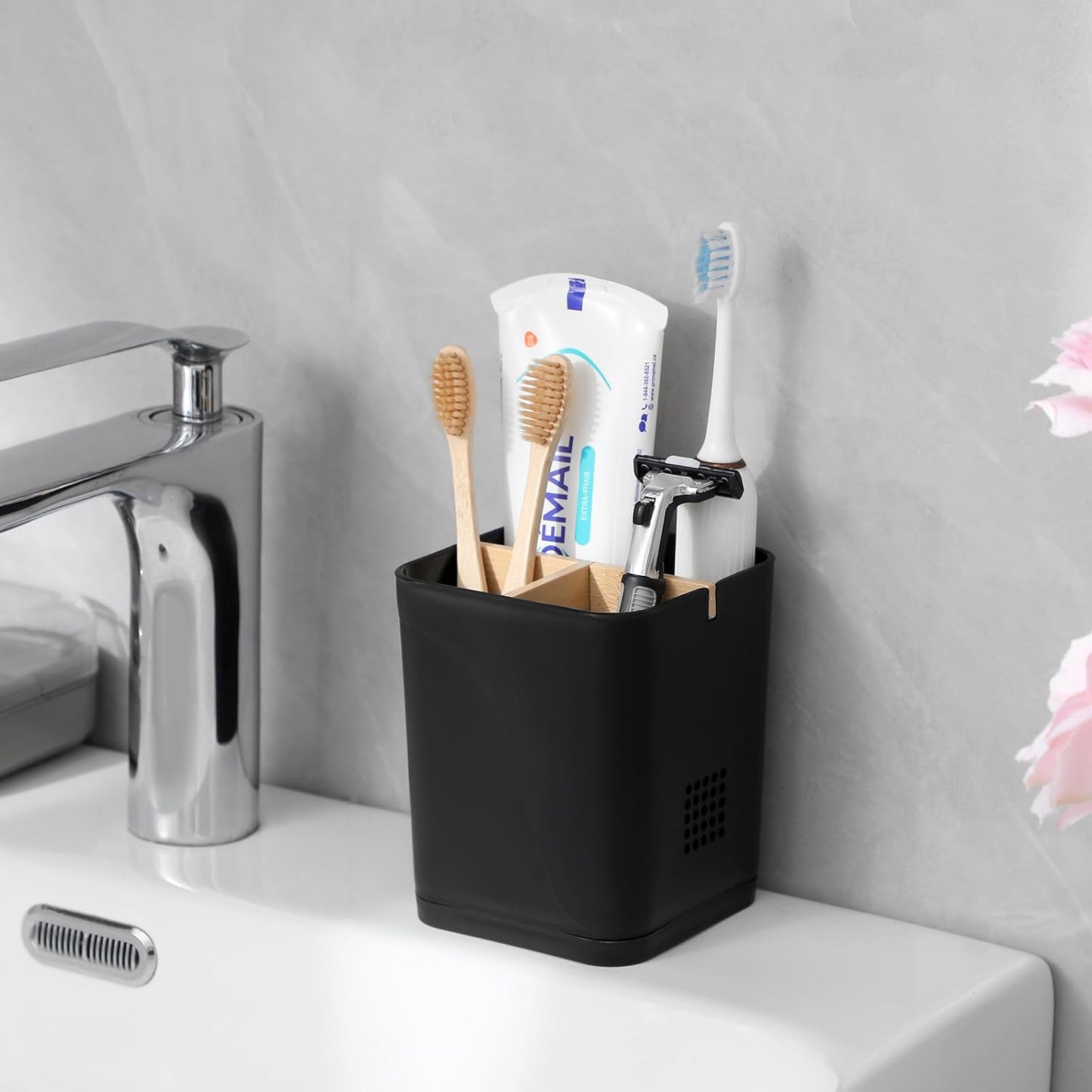 Electric Toothbrush Holder Tooth Brush and Toothpaste Organizer, Black | 3 Slots, Drainage Holes, Removable Bamboo Divider, Ventilation Design, Space-Saving, for Bathroom Countertop, Shower, Vanity