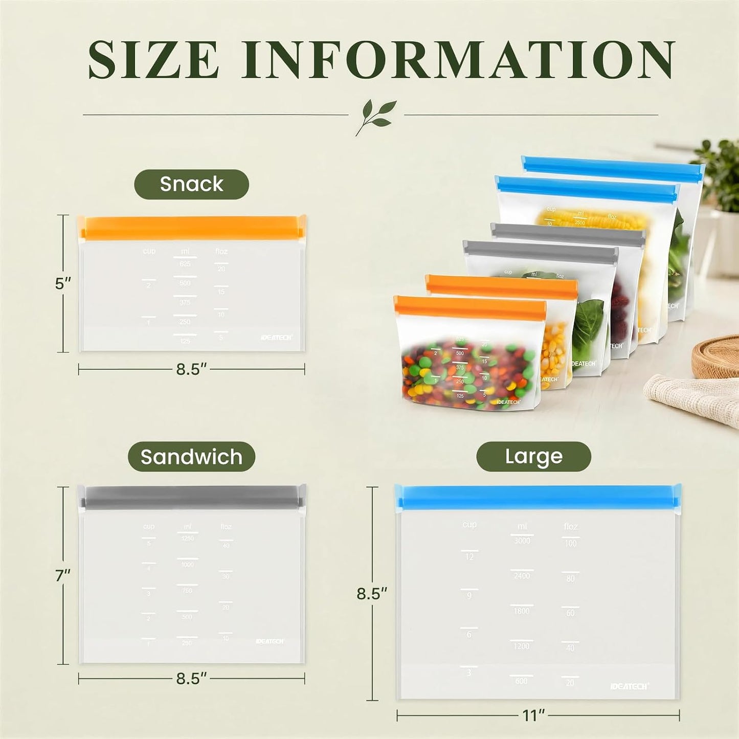 IDEATECH Reusable Bags Dishwasher Safe, BPA Free Reusable Gallon Freezer Bags, Stand Up Leakproof Food Storage Bags for Marinate Meats, Salad Fruit, Vegetables, Home Organization -Gray 6 Large Bags