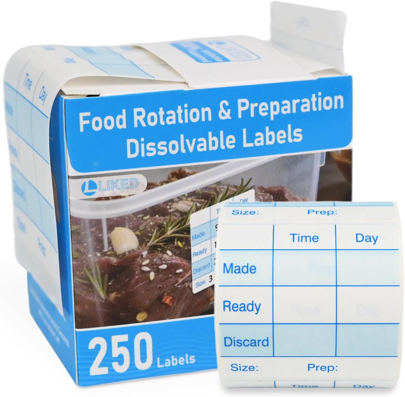 L LIKED 250 Pcs Made/Ready/Discard Dissolvable Labels 2"x2" Blue | BPA-free, microwave & dishwasher safe. -40~150°F. Includes dispenser box. For preparation, pantry, restaurant & meal prep