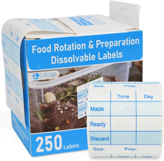 L LIKED 250 Pcs Made/Ready/Discard Dissolvable Labels 2"x2" Blue | BPA-free, microwave & dishwasher safe. -40~150°F. Includes dispenser box. For preparation, pantry, restaurant & meal prep
