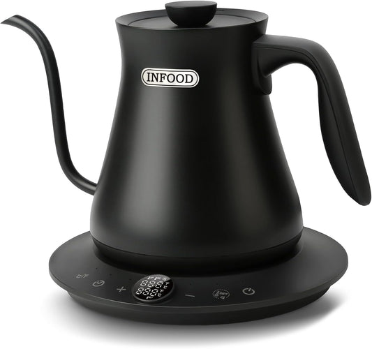 INFOOD 0.8L Gooseneck Electric Kettle, Precise Temperature Control for Pour Over Coffee & Tea, 1200W Fast Boiling Water, Auto Shut Off, Scheduling, Stainless Steel, Floral Painted Design