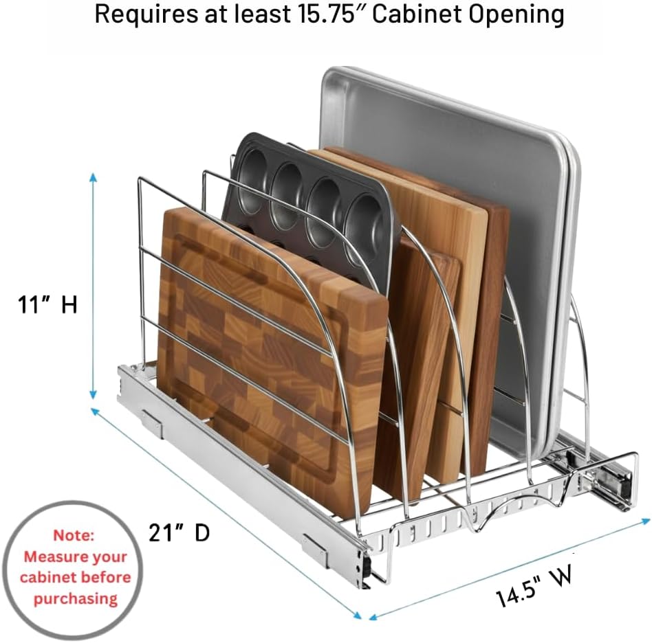 Pull Out Organizer for Bakeware, Cutting Board and Trays, 8.5"W x 21"D | Stores Cutting Board and Trays, Adjustable Dividers, Heavy Duty, Lifetime Limited Warranty - For Narrow Cabinet Spaces