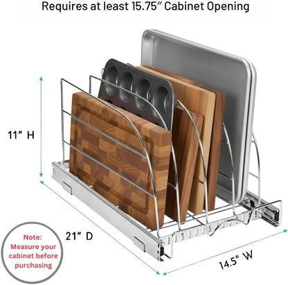 Pull Out Organizer for Bakeware, Cutting Board and Trays, 8.5"W x 21"D | Stores Cutting Board and Trays, Adjustable Dividers, Heavy Duty, Lifetime Limited Warranty - For Narrow Cabinet Spaces