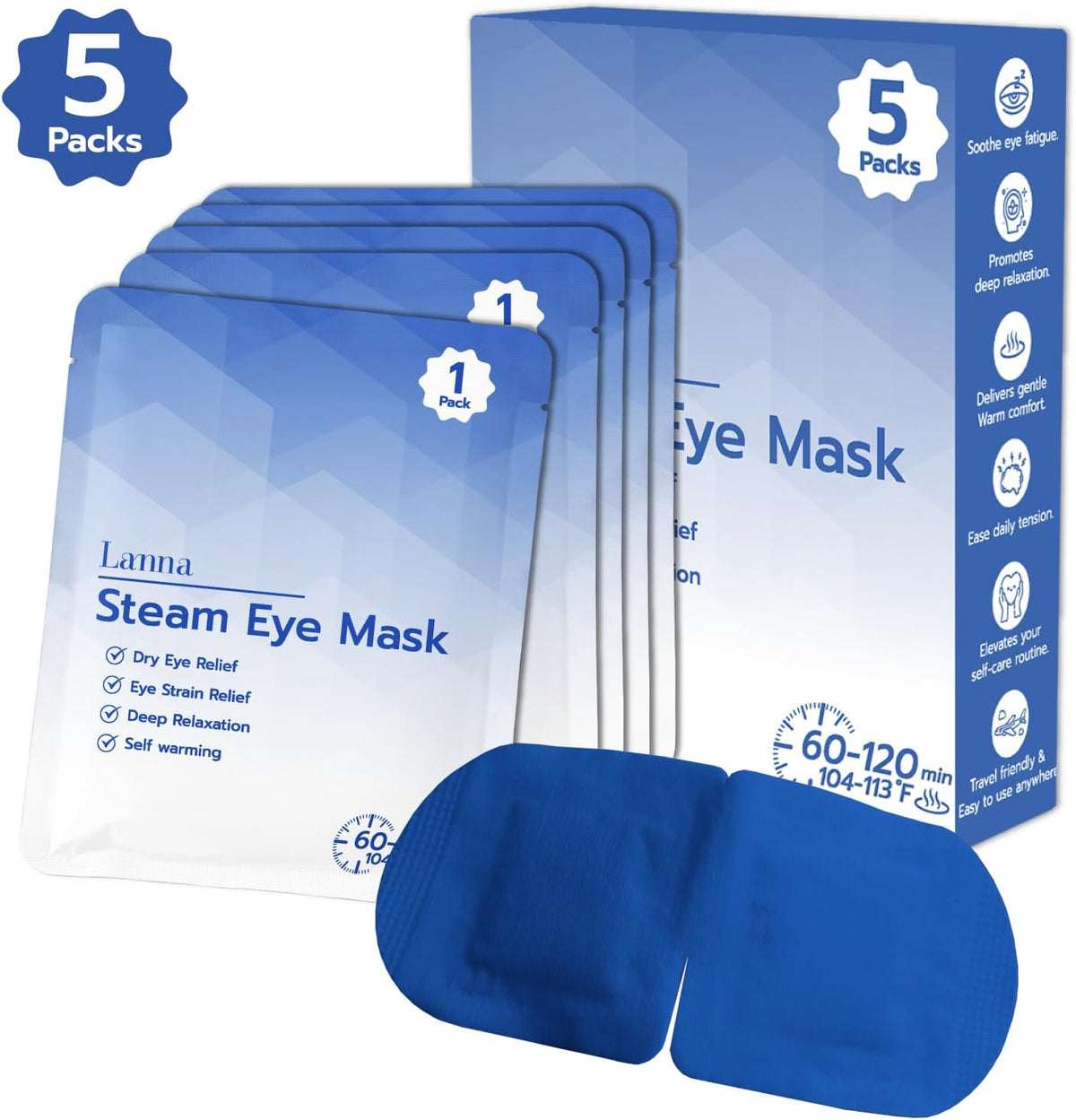 LANNA Heated Steam Eye Mask, Disposable 120 Minutes, Lavender Scent, 5 Pcs