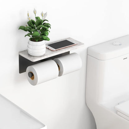 Gypie Marble Toilet Paper Holder with Shelf, Wall Mounted Matte Black | Stainless Steel Tissue Roll Paper Holder Dispenser for Bathroom Washroom