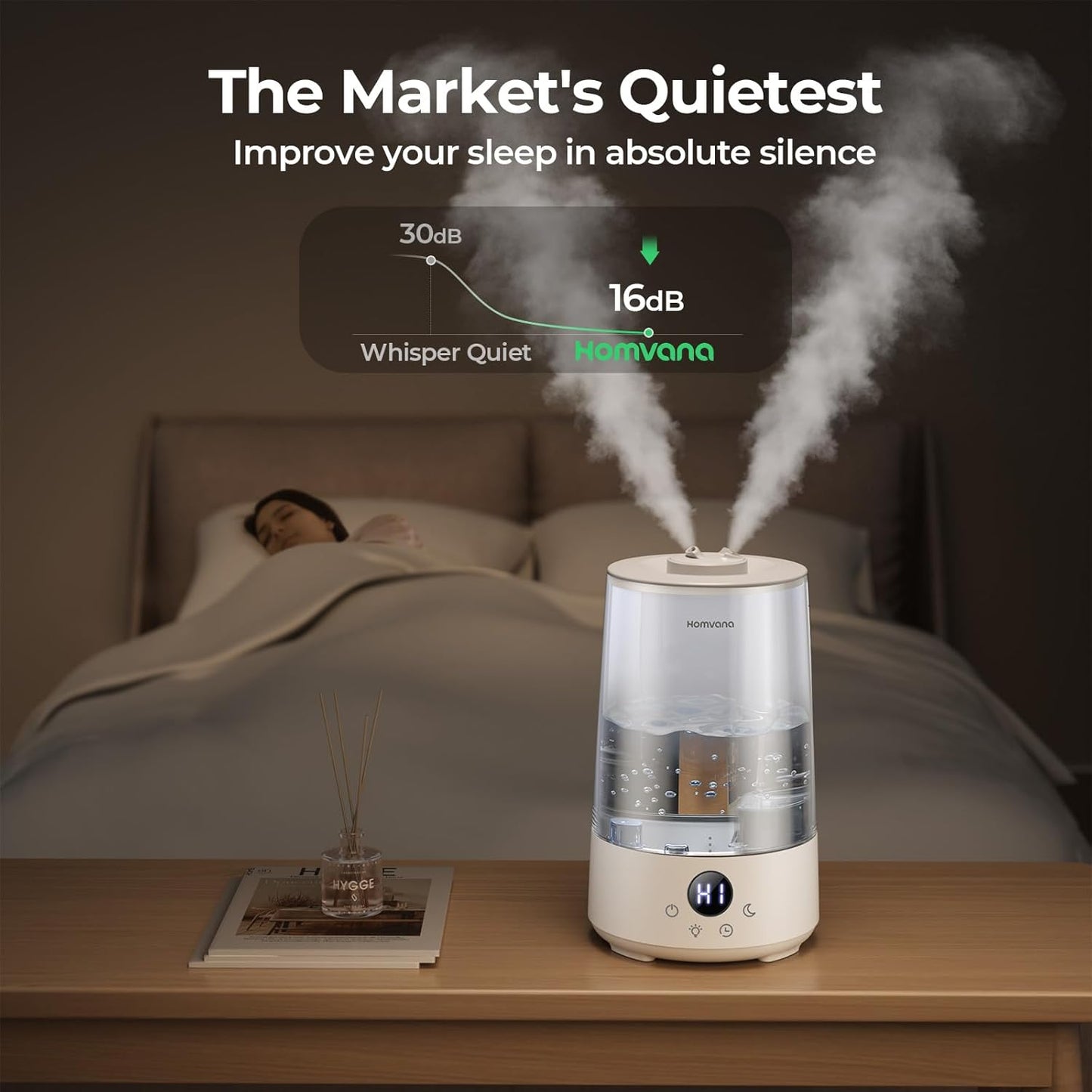 Homvana 3.6L Top-Fill Cool Mist Humidifiers for Bedroom, Large Room & Plants, 23dB Ultra-Quiet, Easy-to-Clean 2-in-1 Baby Humidifier & Oil Diffuser for Congestion Relief, Lasts Up to 4 Nights (Grey)