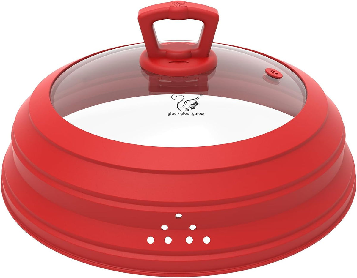 Microwave Splatter Cover Vented Glass Splatter Guard Lid with Collapsible Silicone for Food as Pot Cover Plate 10.8 inch for 6 7 8 9 10 inch Plate Bowl