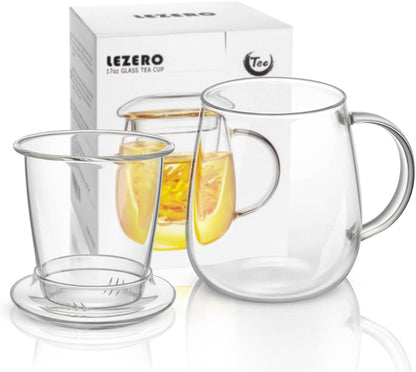 Glass Tea Infuser Cup with Lids and Handle for Blooming & Loose Leaf, 14oz | Borosilicate, Heat Resistance, Lead-free, Microwave & Dishwasher Safe
