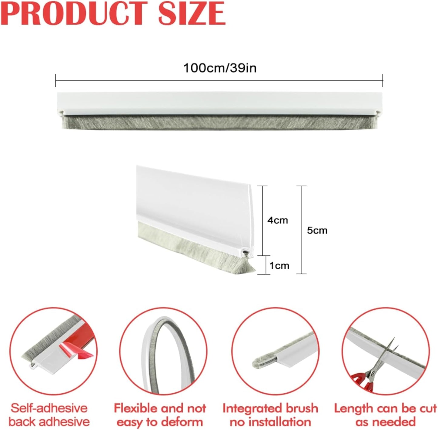 Door Sweep for Bottom of Door: Integrated Design with Brush | Self Adhesive Under Door Draft Stopper - Seal Dust Noise Hot or Cold Air Insulation - White 39"L 2" W