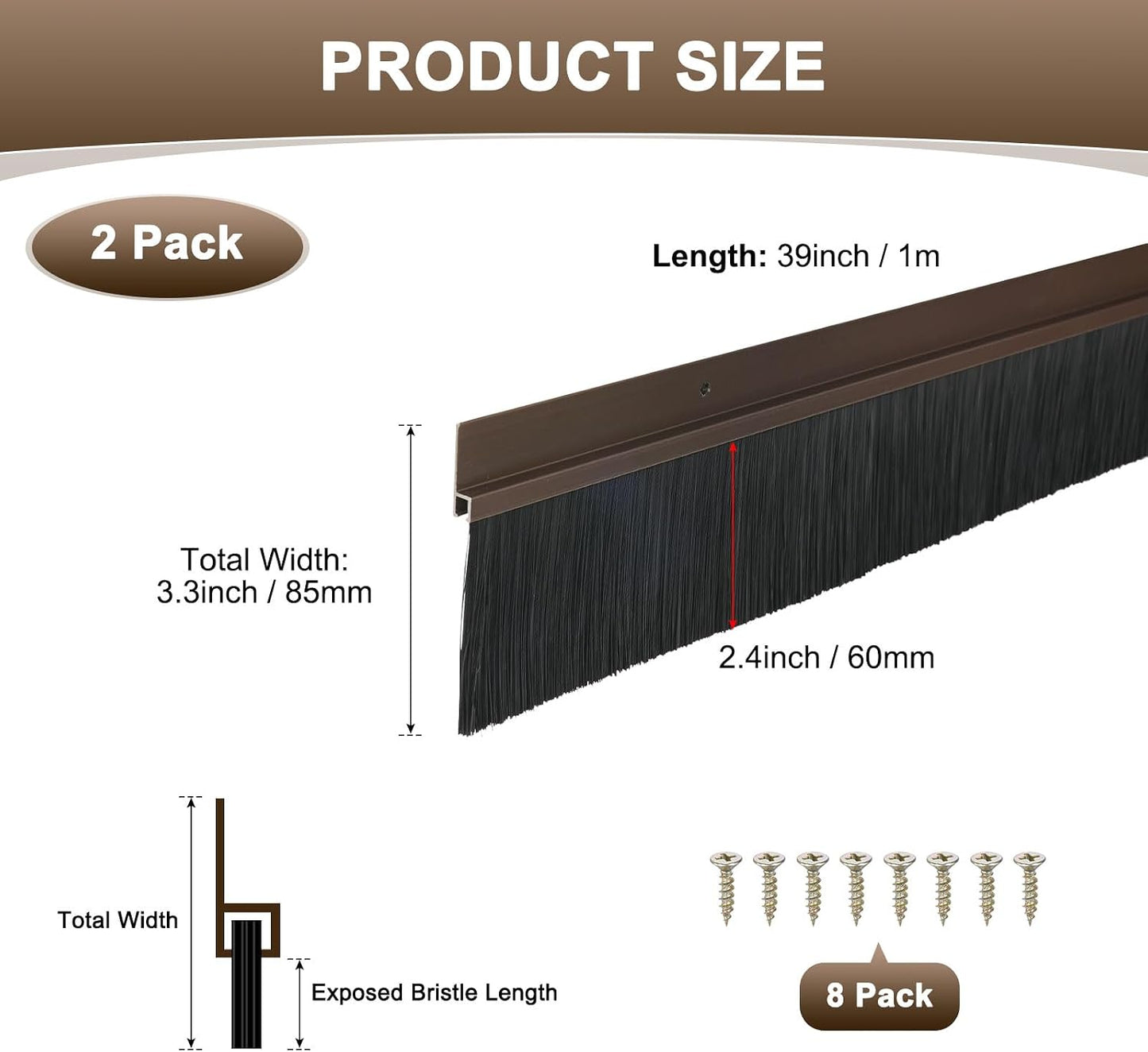 M METERXITY 2Pack Door Sweep - 39" Door Bottom Brush Heavy Duty Seal Draft Stopper Aluminum Base with 20mm Brush, Adhesive/Screw Installation for Interior/Exterior/Garage/Sliding Doors, Black