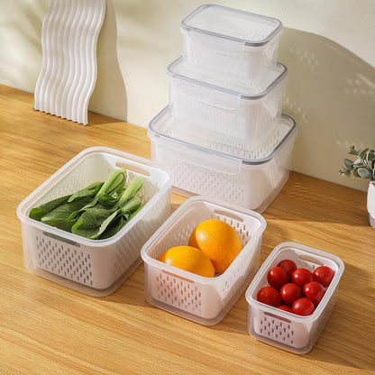 3-Pack Fresh Fruit Storage Containers for Fridge with Strainer & Drain Lid | Produce Keeper with Removable Colander, BPA-Free Plastic Crisper for Berries Vegetables Nuts, Fresh