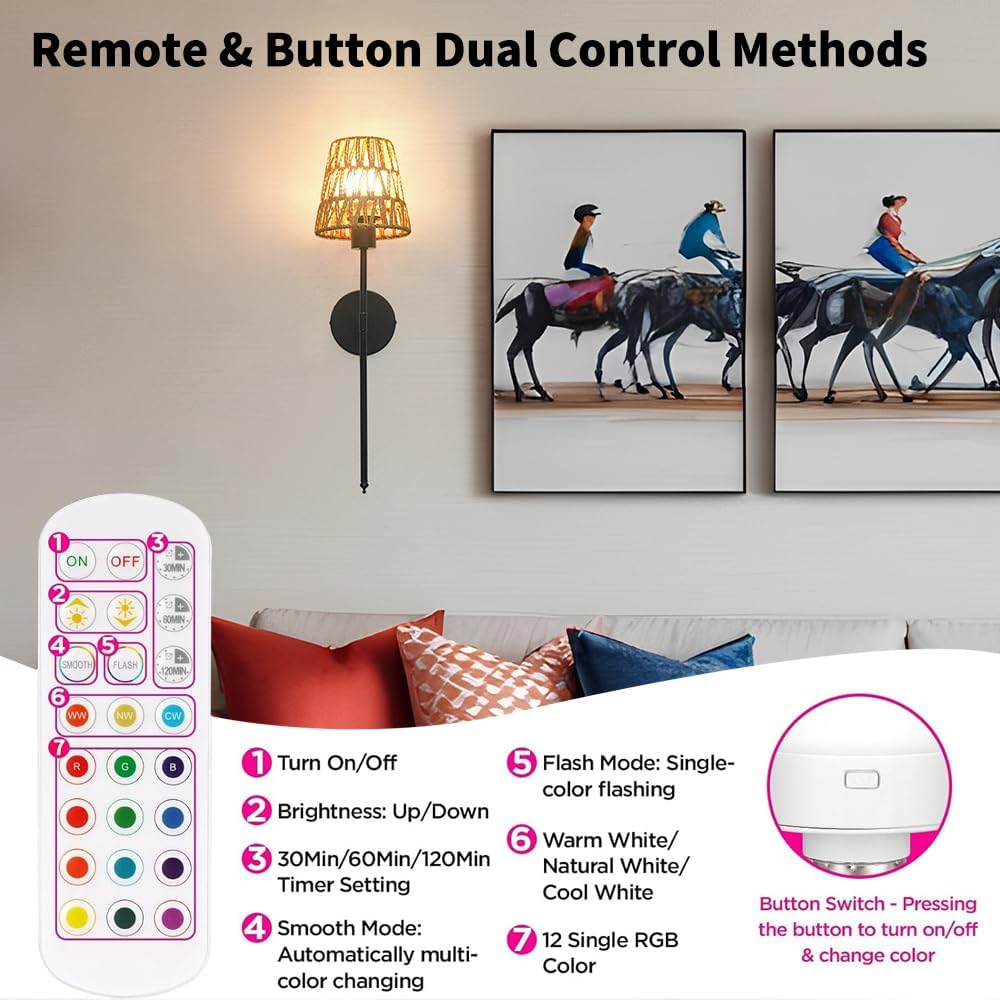 Boho Battery Operated Wall Sconces, Rattan Wall Sconce Set of 2 with Remote, RGB 15 Colors Dimmable Rechargeable Wall Light, Black Indoor Wireless Wall Lamp, Farmhouse Rattan Wall Lighting for Bedroom