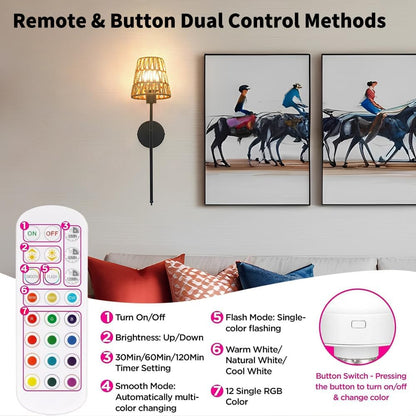 Boho Battery Operated Wall Sconces, Rattan Wall Sconce Set of 2 with Remote, RGB 15 Colors Dimmable Rechargeable Wall Light, Black Indoor Wireless Wall Lamp, Farmhouse Rattan Wall Lighting for Bedroom