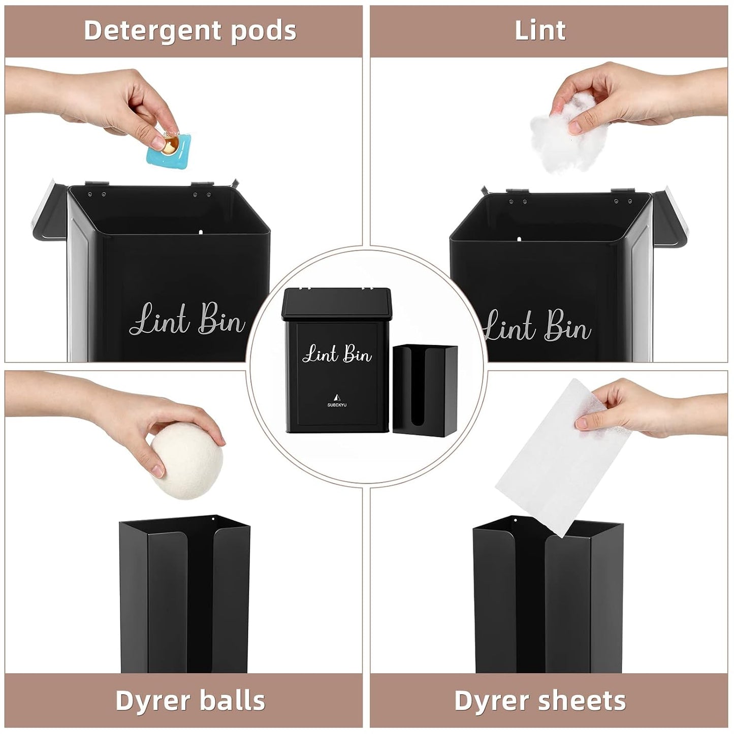 SUBEKYU Magnetic Lint Bin and Dryer Sheet Holder Set for Laundry Room,White | Wall Mounted Metal Lint Box Holder Trash Can,Lint Basket for Laundry Room Organization and Storage Decor